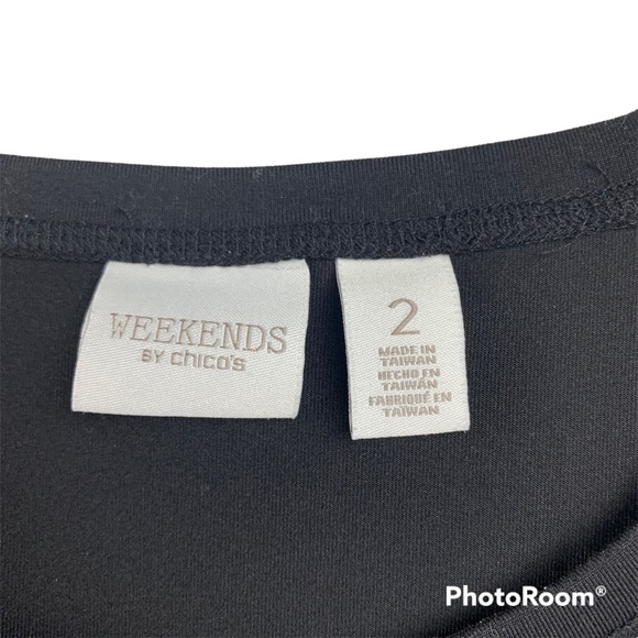 Weekends by Chico's Short Sleeve Top Black White Stretch Pullover - Picture 3 of 5